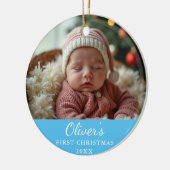 Aangepaste eerste kerst Baby foto blauw Keramisch Ornament (Links)