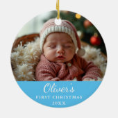 Aangepaste eerste kerst Baby foto blauw Keramisch Ornament (Achterkant)
