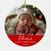 Aangepaste eerste kerst Baby foto rood Keramisch Ornament (Achterkant)