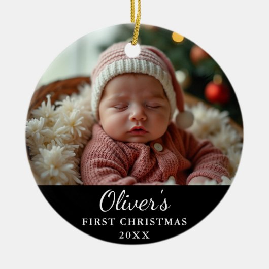 Aangepaste eerste kerst Baby foto zwart Keramisch Ornament (Voorkant)