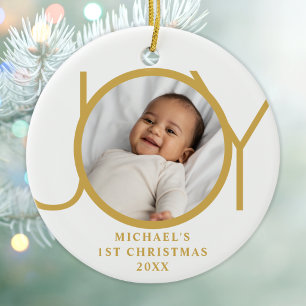 Aangepaste eerste kerst foto van baby jongen Joy G Keramisch Ornament