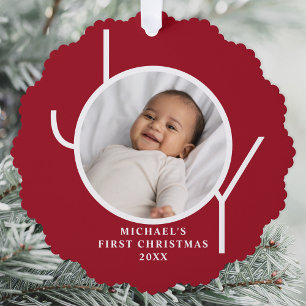 Aangepaste eerste kerst foto van baby jongen Rood Ornament Kaart