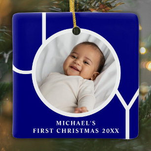 Aangepaste eerste kerst foto voor baby jongen Blau Keramisch Ornament