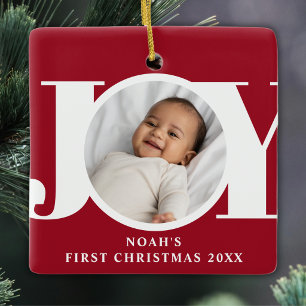 Aangepaste eerste kerst foto voor baby jongen Rood Keramisch Ornament