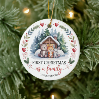 Aangepaste eerste kerst met het gezin keramisch ornament