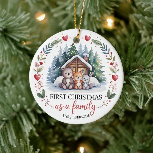 Aangepaste eerste kerst met het gezin keramisch ornament (Boom)