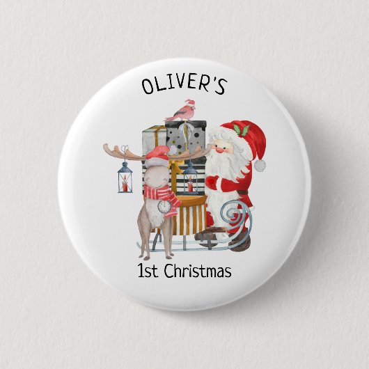 Aangepaste eerste kerstkerstman en rendier ronde button 5,7 cm (Voorkant)