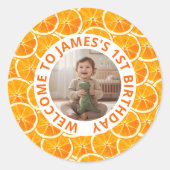 Aangepaste Eerste Sinaasappel Verjaardags Foto Ronde Sticker (Voorkant)