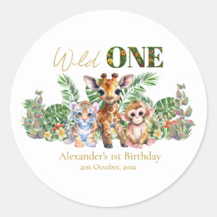 Aangepaste Eerste Verjaardag Jungle Dieren Wilde E Ronde Sticker