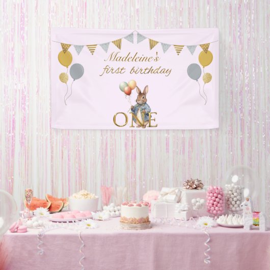 Aangepaste eerste verjaardag konijn met ballonnen spandoek (Feest)