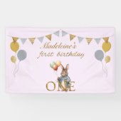 Aangepaste eerste verjaardag konijn met ballonnen spandoek (Horizontaal)