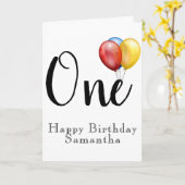 Aangepaste eerste verjaardag met ballon kaart (Gele Bloem)