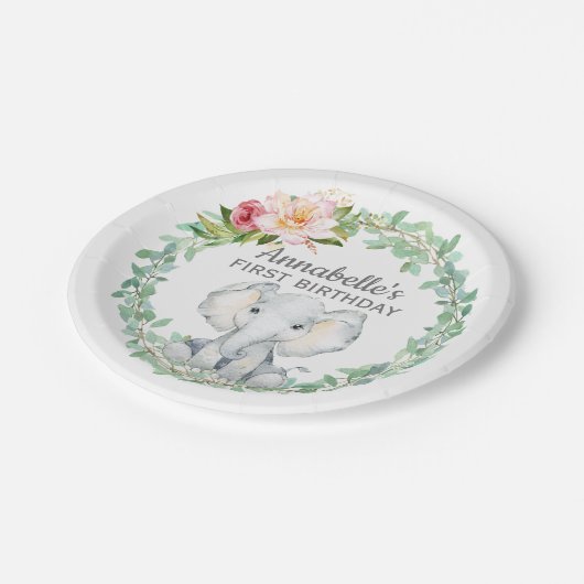 Aangepaste eerste verjaardag olifant papieren bordje (Gekanteld)