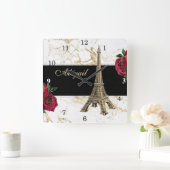 Aangepaste Eiffeltower Gold, witte marmer Roos Vierkante Klok (Huis)