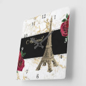 Aangepaste Eiffeltower Gold, witte marmer Roos Vierkante Klok (Hoek)