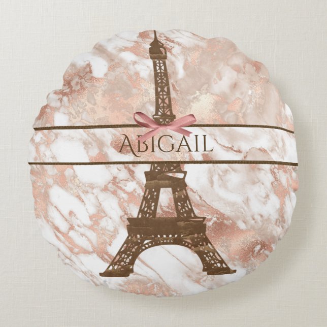 Aangepaste Eiffeltower White, Roos Gold Marble Rond Kussen (Voorkant)
