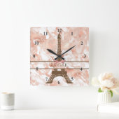 Aangepaste Eiffeltower White, Roos Gold Marble Vierkante Klok (Huis)