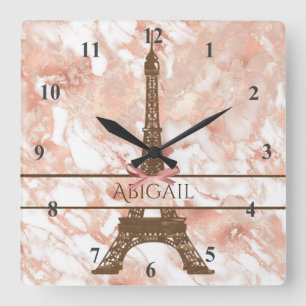 Aangepaste Eiffeltower White, Roos Gold Marble Vierkante Klok