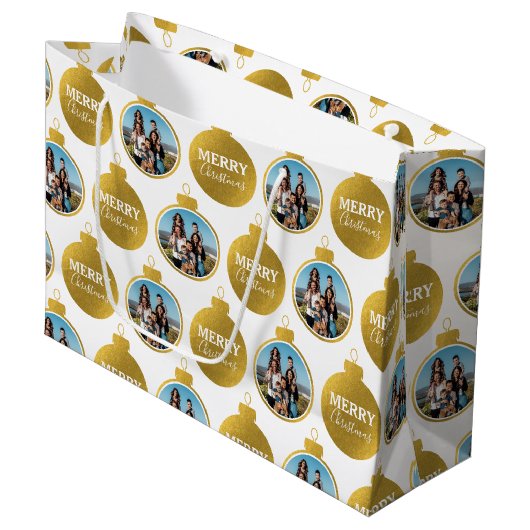 Aangepaste Elegant Gouden Foto Ornamenten Kerst Groot Cadeauzakje (Voorkant Gekanteld)