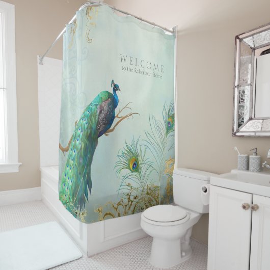 Aangepaste Elegant Peacock Feathers Tree Branch Douchegordijn (In situ)