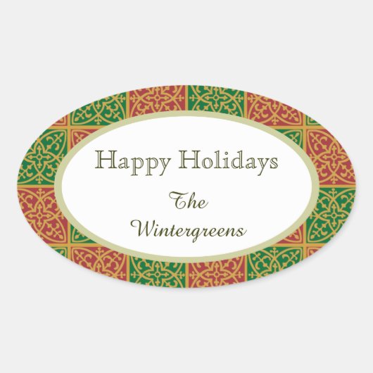 Aangepaste Elegant Rood en Groen Patroon Gift Stic Ovale Sticker (Voorkant)
