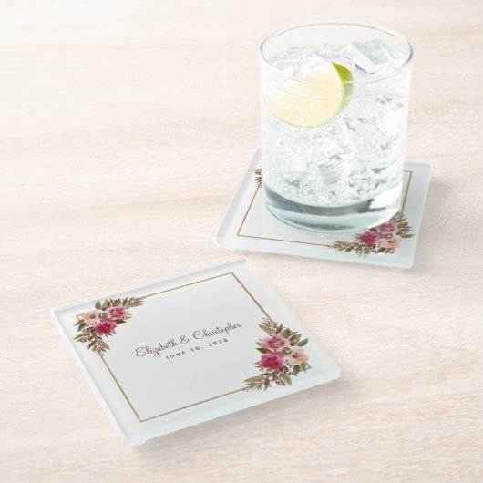 Aangepaste Elegant Waterverf Floral Wedding Glazen Onderzetter (Schuin)