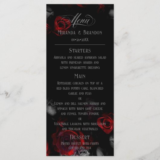 Aangepaste Elegant Zwart en Rood Bloemen Bruiloft  Menu (Voorkant)