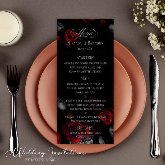 Aangepaste Elegant Zwart en Rood Bloemen Bruiloft  Menu
