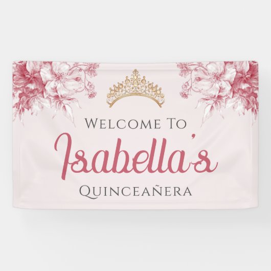 Aangepaste Elegante Bloemige 15e Verjaardag Quince Spandoek (Horizontaal)