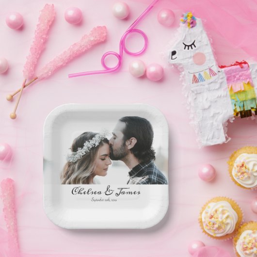 Aangepaste Elegante Foto Calligrafie Trouwnaam  Papieren Bordje (Feest)