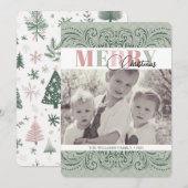 Aangepaste Elegante Groene & Roze Foto Kerst Kaart (Voorkant / Achterkant)