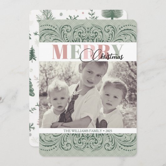 Aangepaste Elegante Groene & Roze Foto Kerst Kaart (Voorkant / Achterkant)