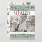 Aangepaste Elegante Groene & Roze Foto Kerst Kaart (Voorkant / Achterkant)