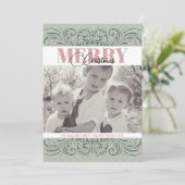 Aangepaste Elegante Groene & Roze Foto Kerst Kaart (Staand voorkant)