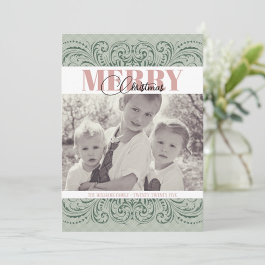 Aangepaste Elegante Groene & Roze Foto Kerst Kaart (Staand voorkant)