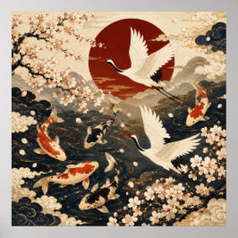 Aangepaste Elegante Japanse Koi & Kraan Kunst Post Poster