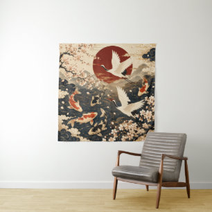 Aangepaste Elegante Japanse Koi & Kraan Kunst Tapi Wandkleed