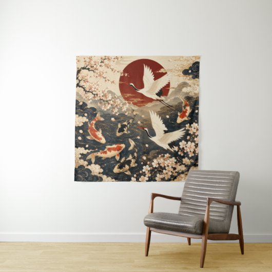 Aangepaste Elegante Japanse Koi & Kraan Kunst Tapi Wandkleed (In situ)