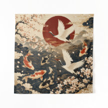 Aangepaste Elegante Japanse Koi & Kraan Kunst Tapi