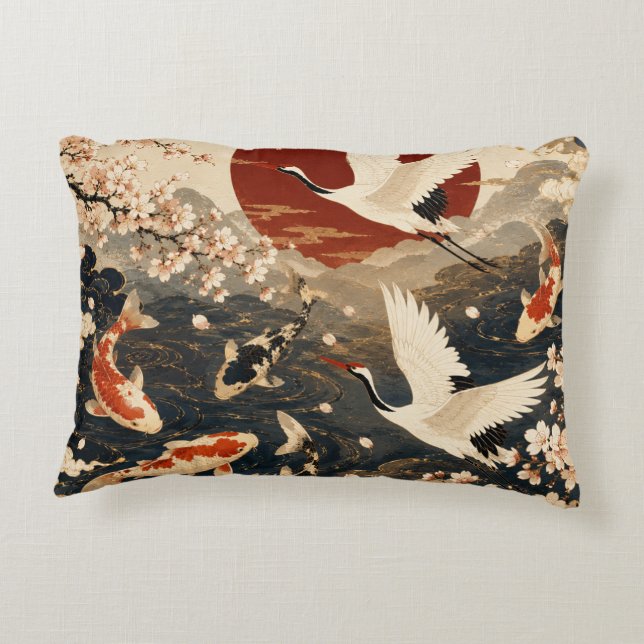 Aangepaste Elegante Japanse Koi & Kraanvogel Kunst Accent Kussen (Achterkant)