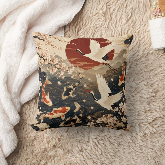 Aangepaste Elegante Japanse Koi & Kraanvogel Kunst Kussen (Deken)