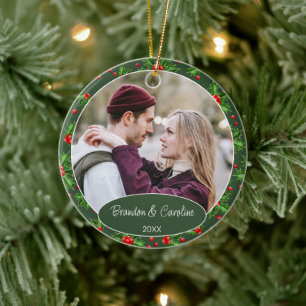 Aangepaste Elegante Klassieke Koppel Foto 1e Kerst Keramisch Ornament