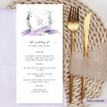 Aangepaste Elegante Lavendel Monogram Huwelijk Menu<br><div class="desc">Verhoog uw huwelijksfeest met ons prachtige huwelijksmenu, met een prachtig bloemmonogram van lavendel-waterverf dat elegantie en charme uitstraalt. Delicaat omlijst met betoverende bloemetjes in tinten van stoffig paars, lavendel, lila, mauve, perzik en zacht geel, dit menu toont perfect uw initialen in een romantische stijl. Een vloeiend lavendellint benadrukt op elegante...</div>