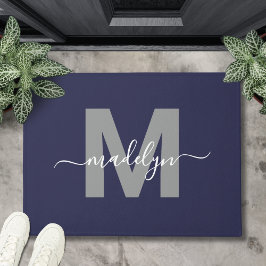 Aangepaste Elegante Marine Blauw Monogram Script N Deurmat