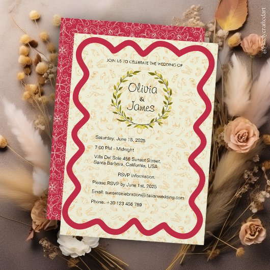 Aangepaste Elegante Moderne Rood & Romige Huwelijk Kaart