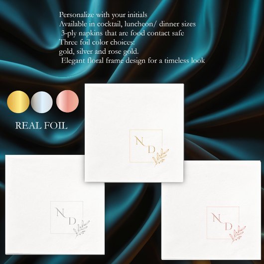 Aangepaste Elegante Monogram Vierkante Bloemenfram Folie Servetten