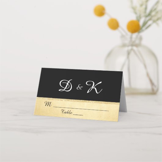 Aangepaste Elegante Monogram Zwart Goud Huwelijk Plaatskaartje (Voorkant)