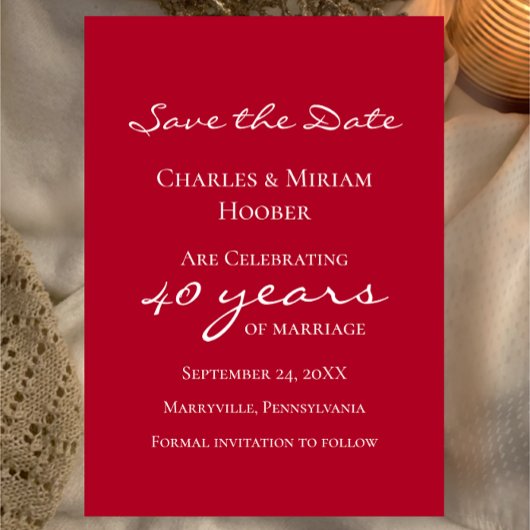 Aangepaste Elegante Robijn 40ste Huwelijksverjaard Save The Date