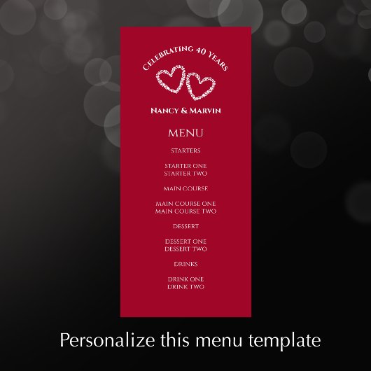 Aangepaste Elegante Rode 40e Huwelijksjubileumfees Menu
