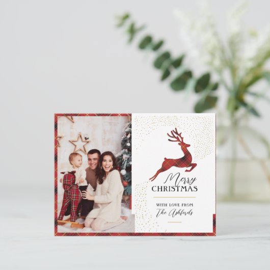 Aangepaste Elegante Rood & Goud Plaid Rendier & Fo Feestdagenkaart (Staand voorkant)